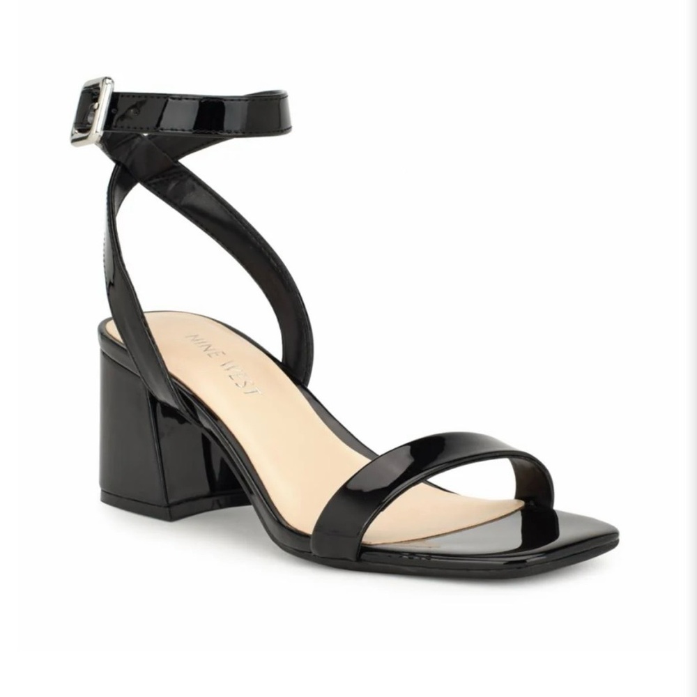 Black Patent Strappy Block Heel Sandals
